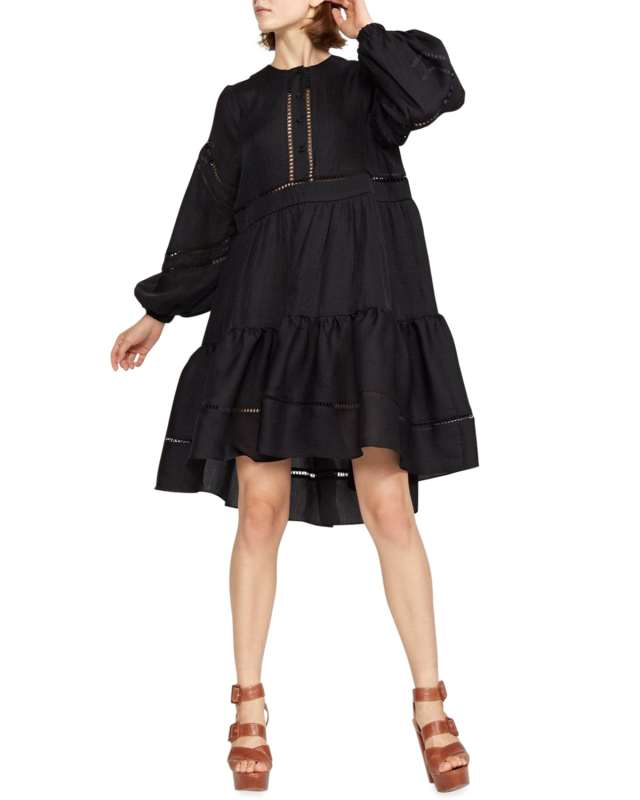 Ladder-Inset Balloon-Sleeve Swing Dress